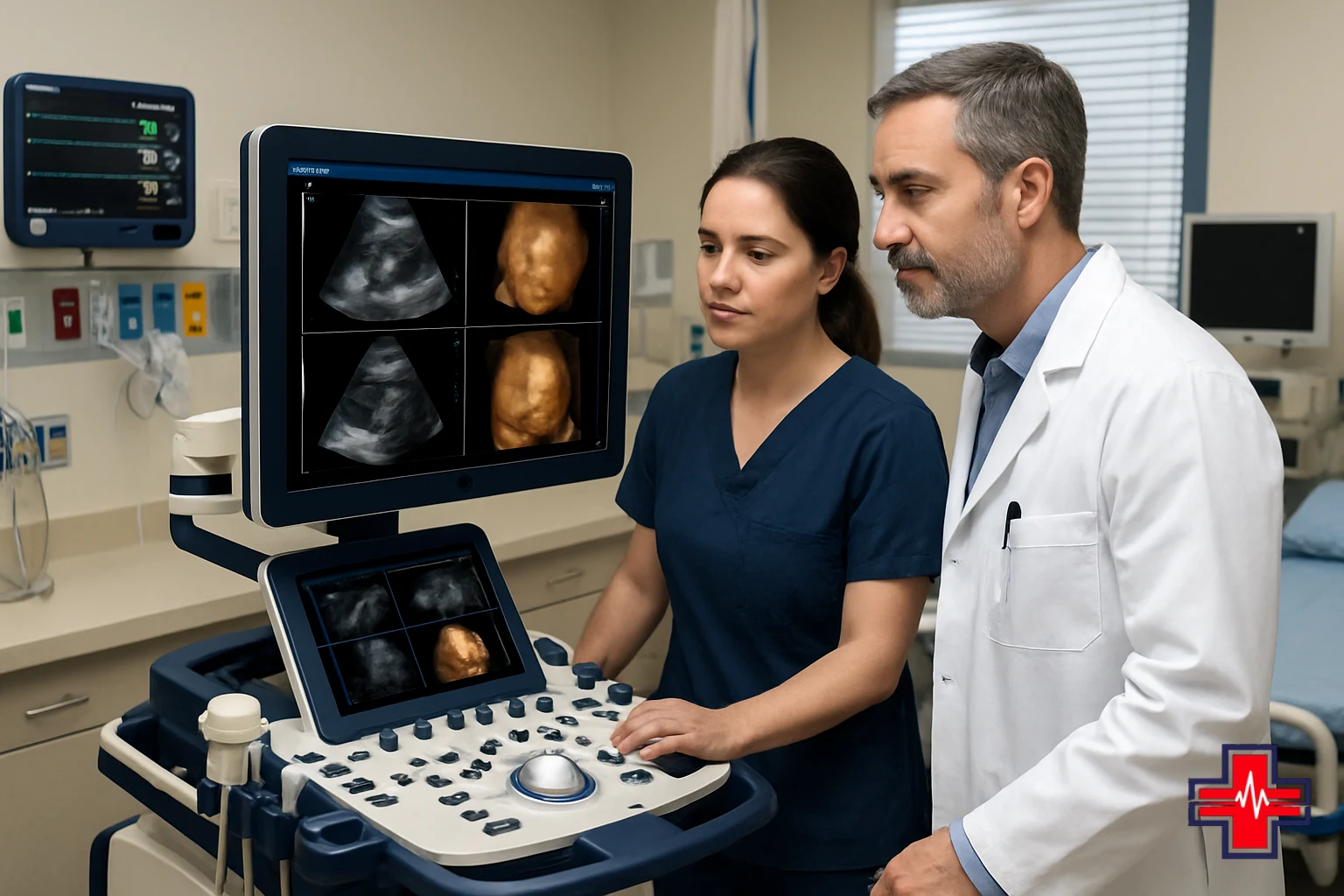 Sonographer and emergency physician collaborating at ultrasound workstation to review 3D volumetric imaging data and assess fetal anatomy in