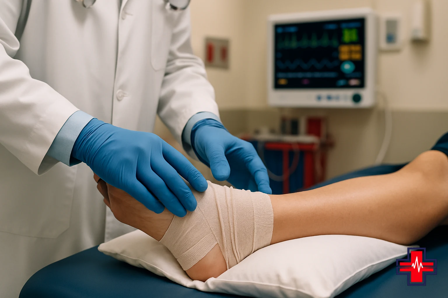 Physician performing ankle sprain vs fracture clinical examination using palpation technique on patient in ER treatment room with compressio