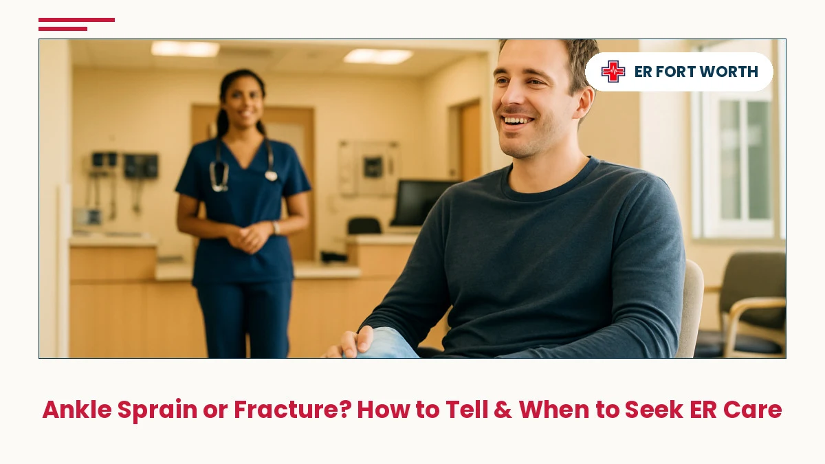 Bright ER reception showing nurse in navy scrubs assisting patient with ankle sprain or fracture, ice pack applied, warm clinical environmen
