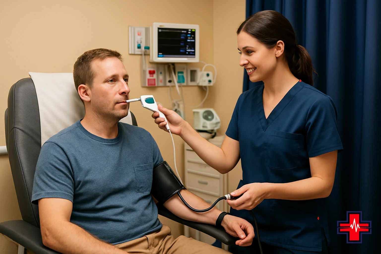 ER nurse performing vital signs assessment during initial back pain evaluation after a fall