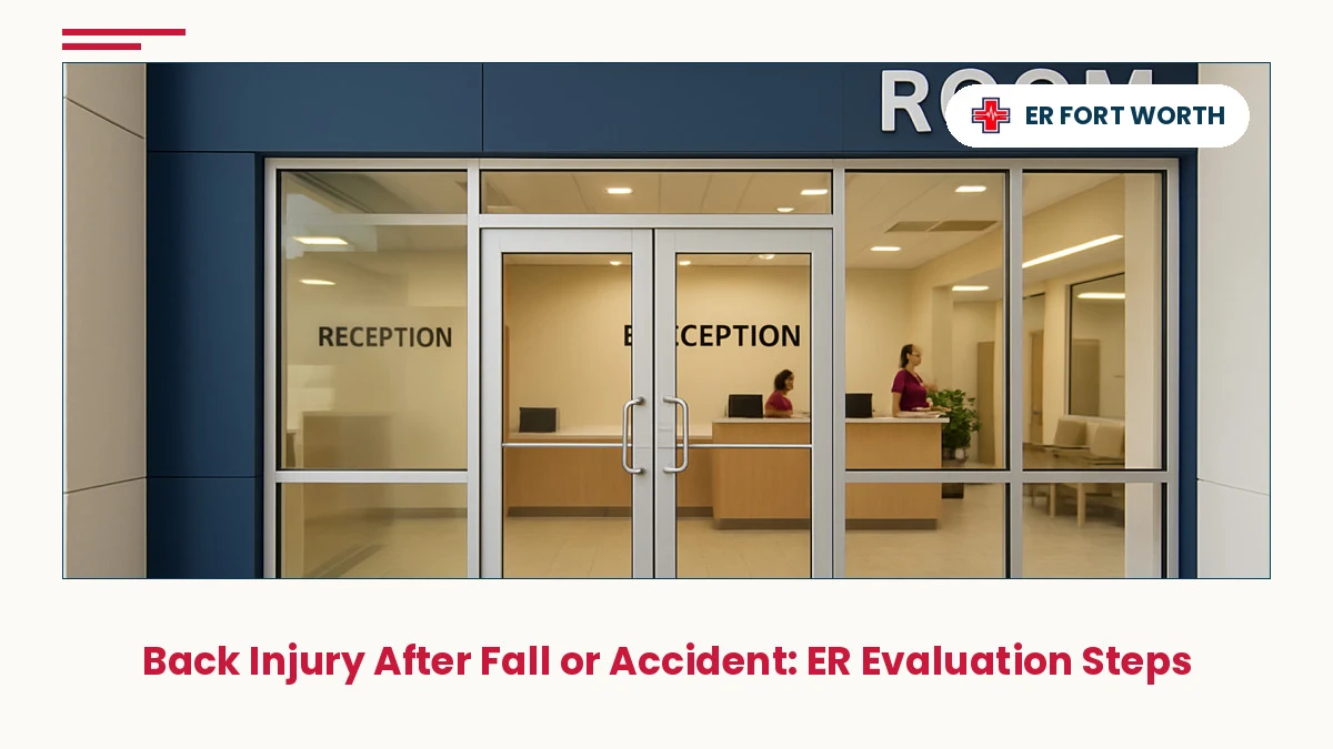 Modern Fort Worth emergency room entrance with welcoming clinical design for back injury trauma evaluation