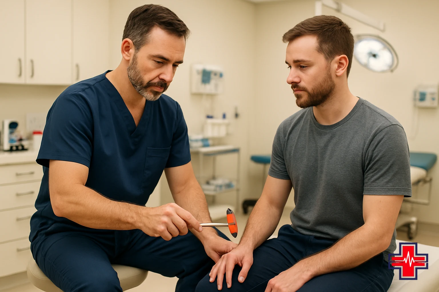 Neurological examination of patient with back pain and numbness tingling in clinical ER treatment room