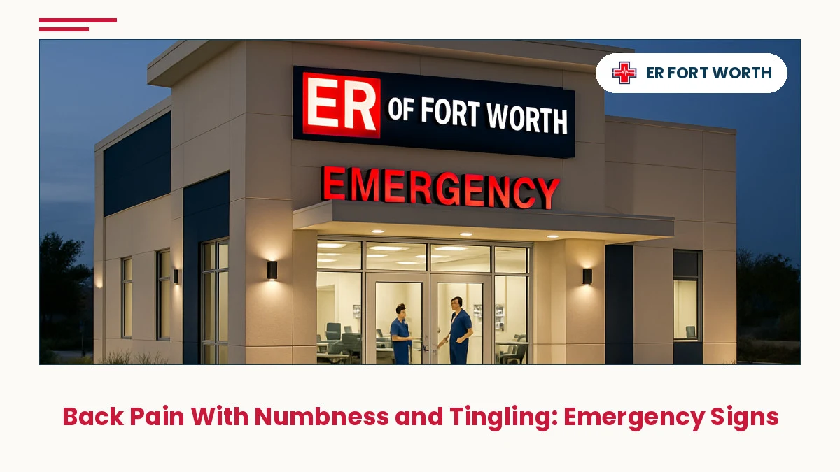 ER Of Fort Worth 24/7 emergency room exterior with modern architecture and welcoming entrance for back pain with numbness patients