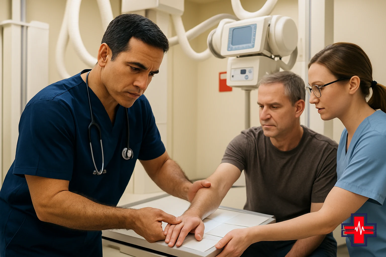 Emergency physician examining patient's arm fracture with X-ray positioning for accurate broken arm diagnosis at ER facility