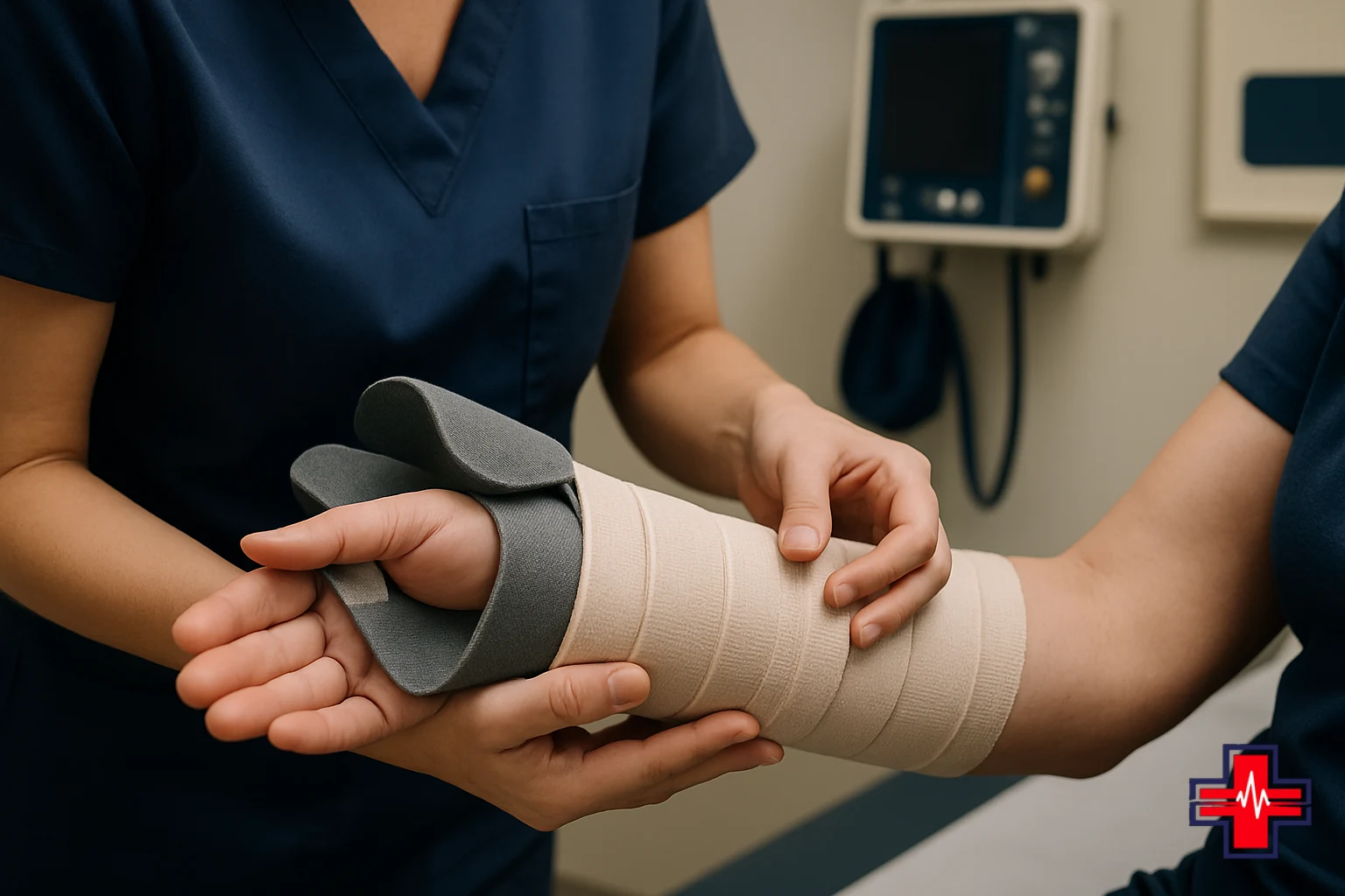Healthcare professional carefully applying a foam splint and compression bandage for broken arm immobilization and care
