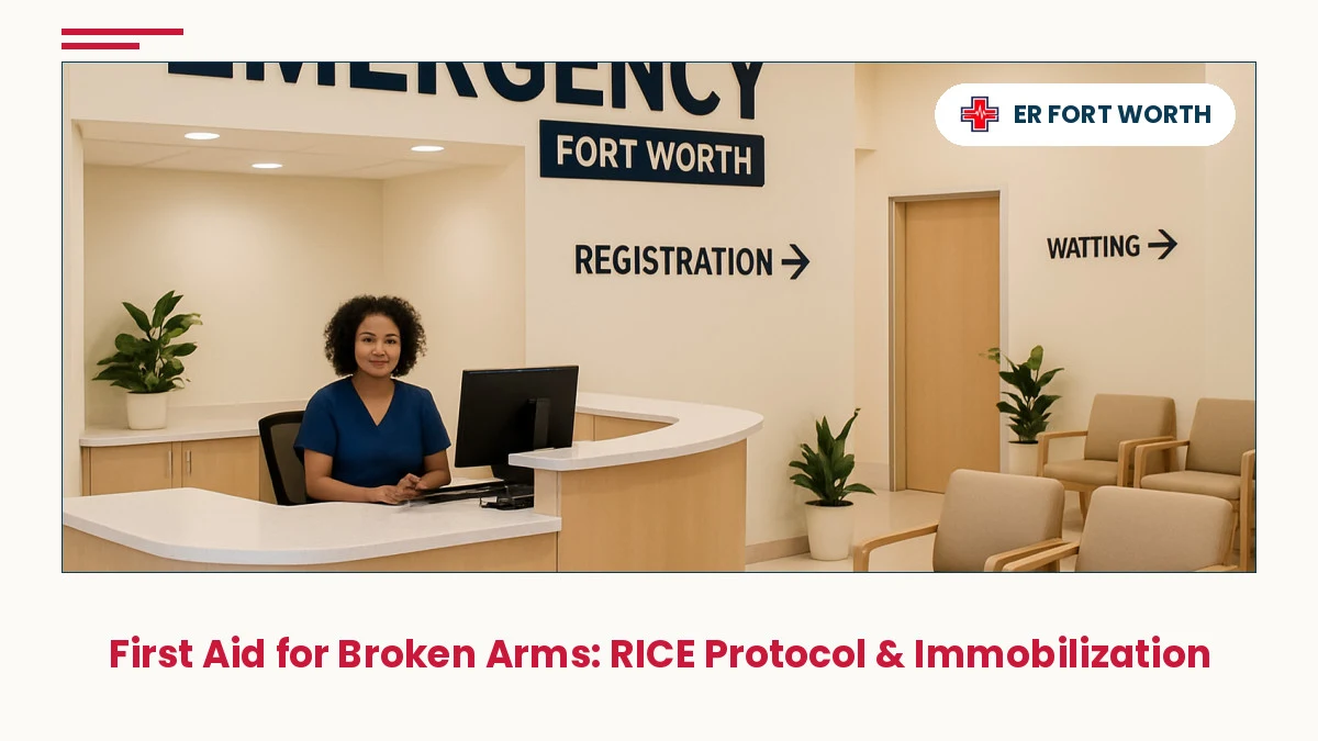 Welcoming Fort Worth emergency room reception with professional staff and comfortable seating, ready for broken arm first aid assessment