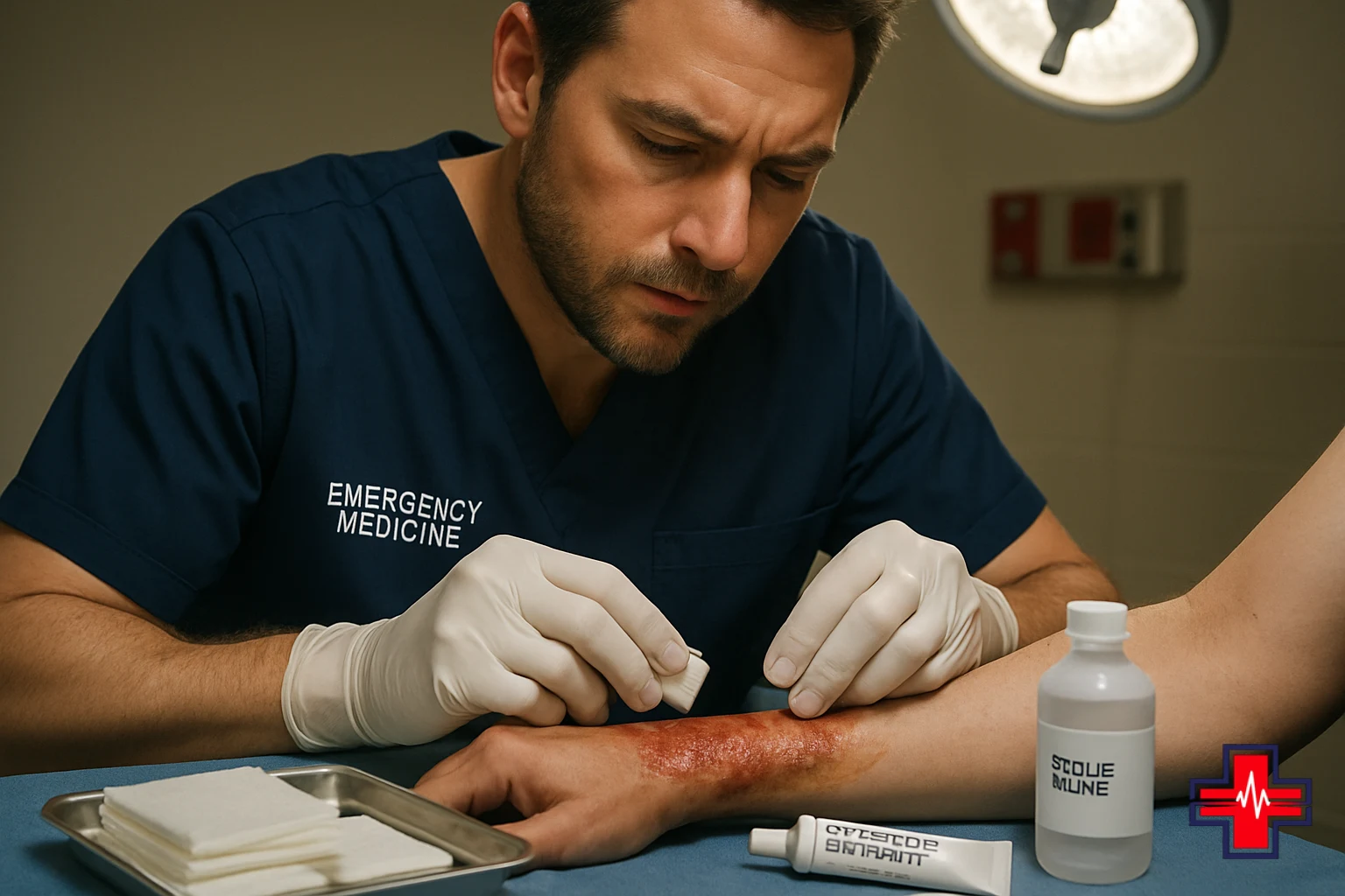 Emergency physician assessing burn injury severity using sterile technique with specialized wound care supplies at ER