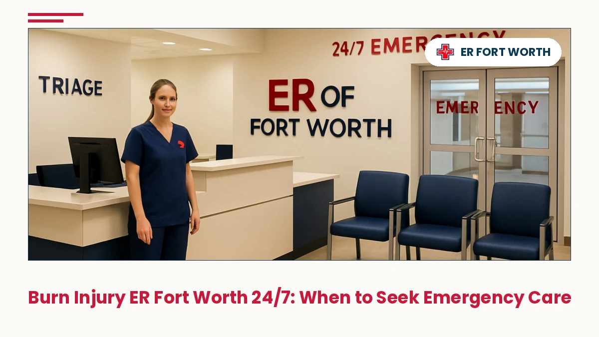 ER Of Fort Worth 24/7 emergency room reception with welcoming staff in navy scrubs ready to assist burn injury patients
