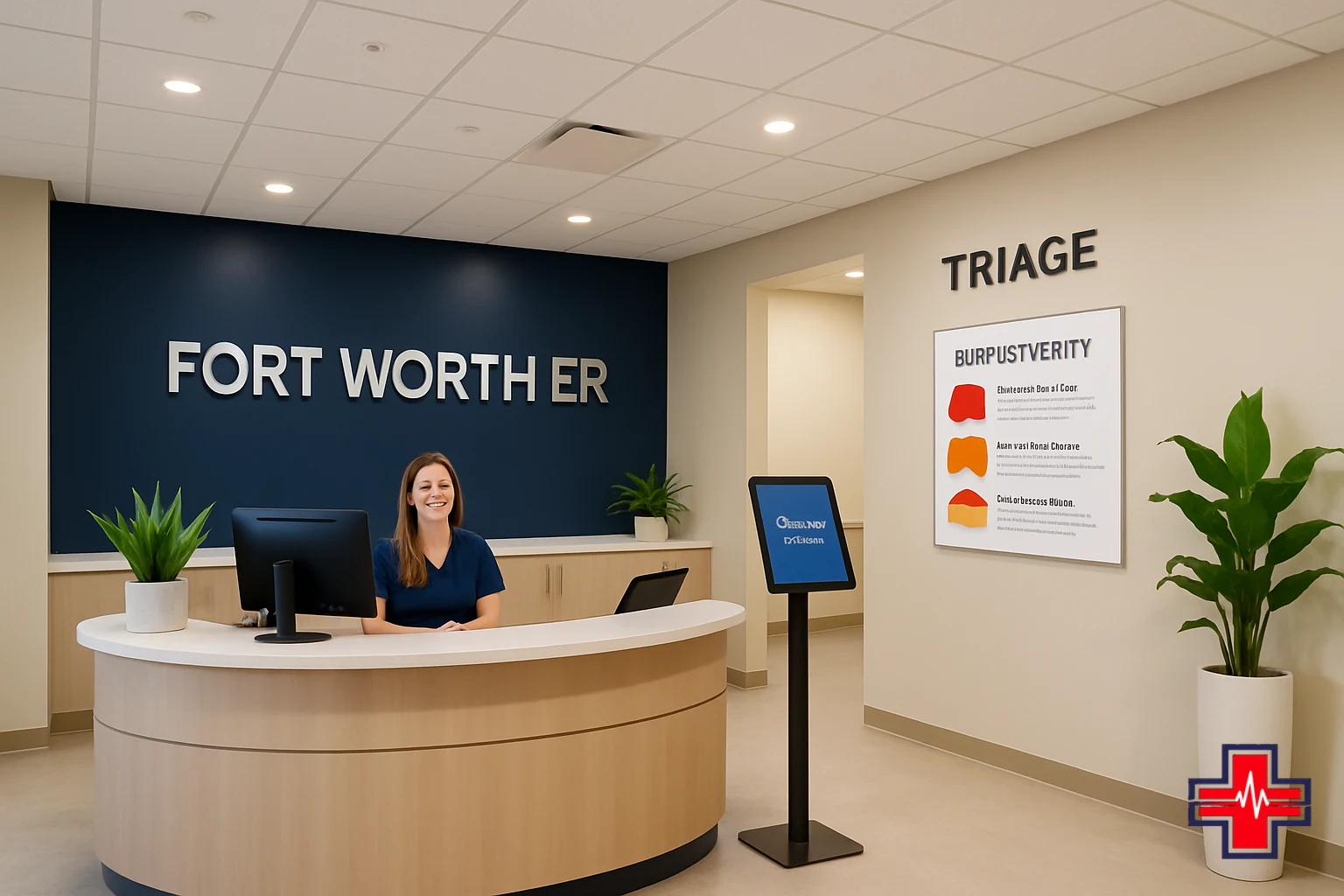 Fort Worth ER reception area with burn severity triage information and patient check-in desk staffed by healthcare professionals
