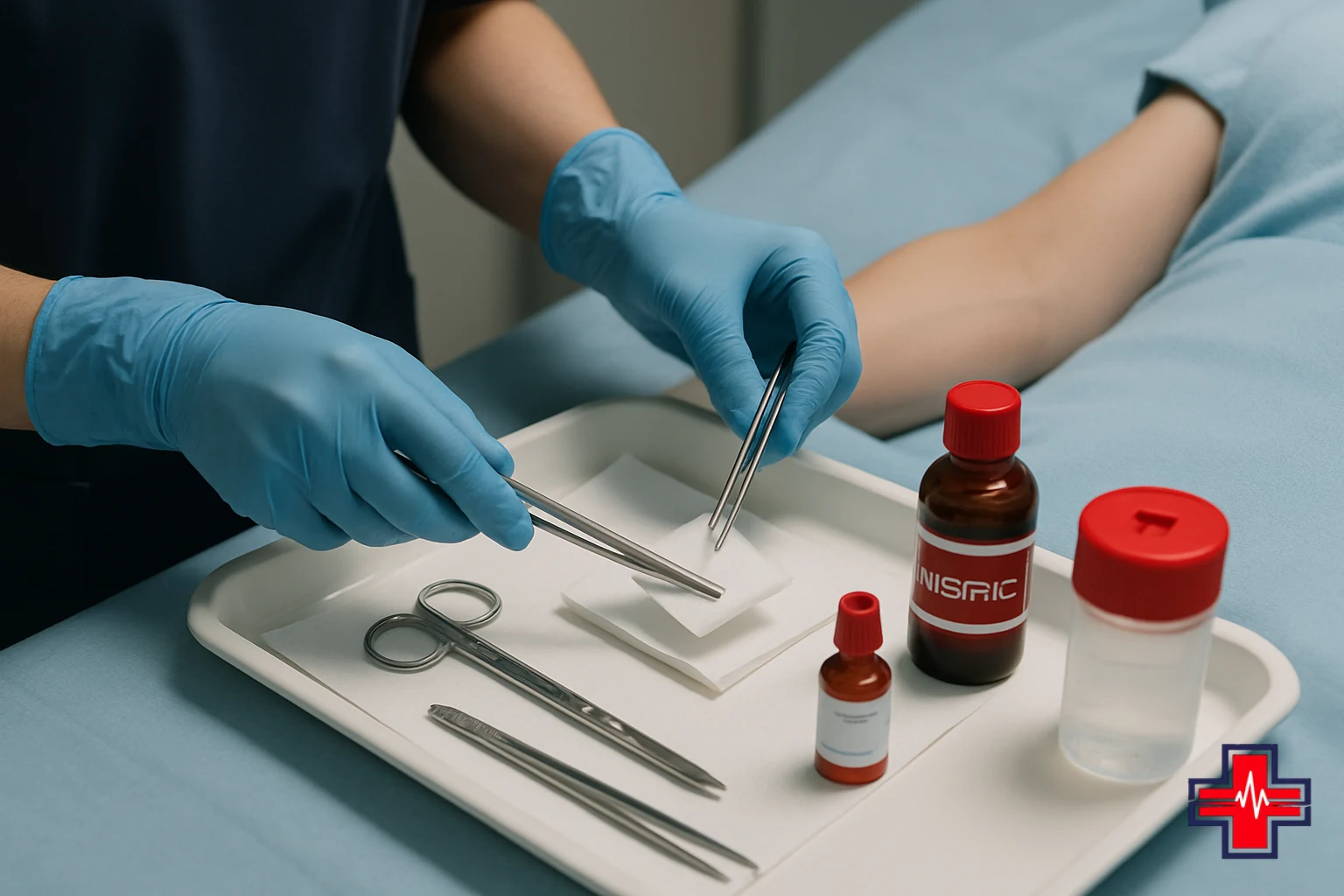 Sterile medical setup showing gloved healthcare professional preparing to safely drain an abscess with sterile instruments and antiseptic so