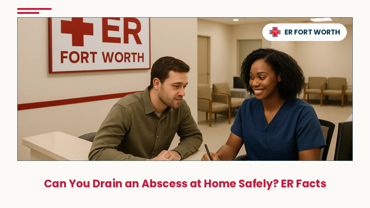 ER of Fort Worth reception desk with attentive staff member assisting patient check-in for abscess evaluation and drainage care