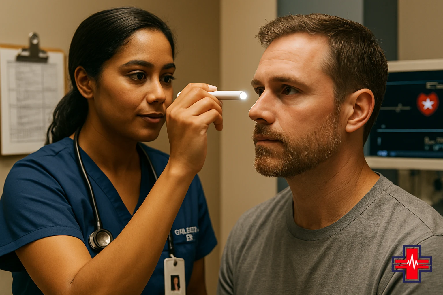 Nurse checking pupil response and neurological function during observation unit neuro checks to determine discharge safety.