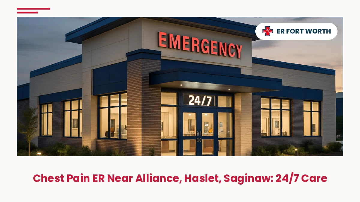 Freestanding chest pain ER near Alliance Haslet Saginaw Fort Worth exterior at night with 24/7 illuminated signage