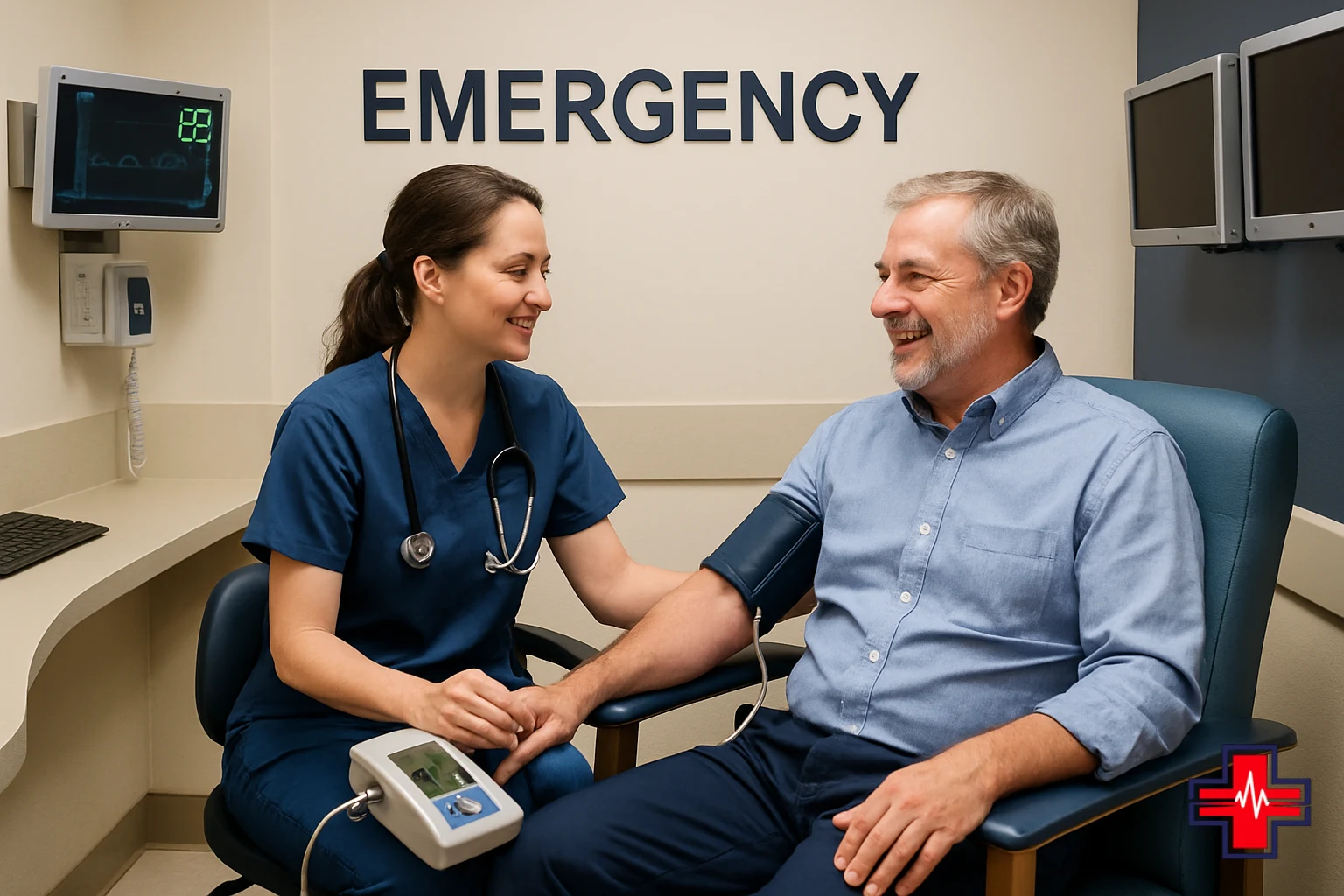Nurse performing vital signs assessment during chest pain triage at emergency room in Fort Worth area