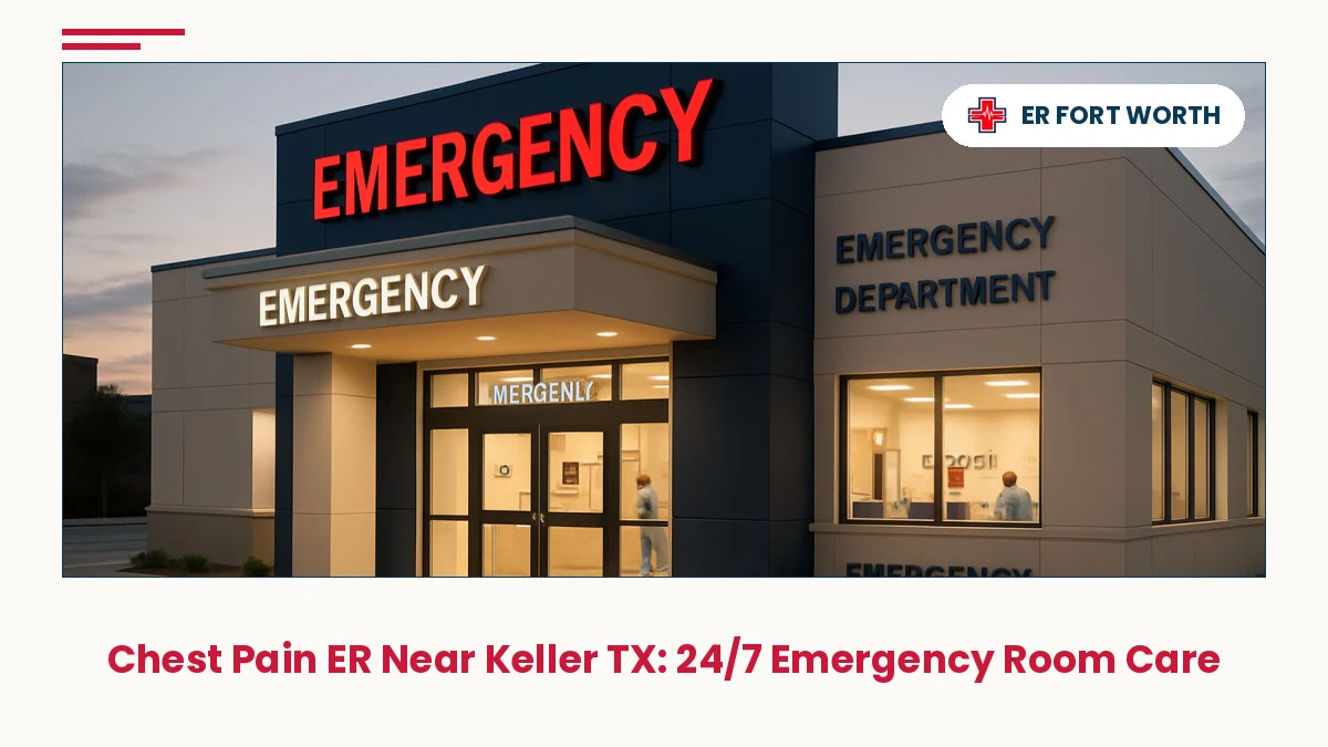 Welcoming freestanding emergency room exterior near Keller TX with modern entrance and 24/7 signage for chest pain ER services