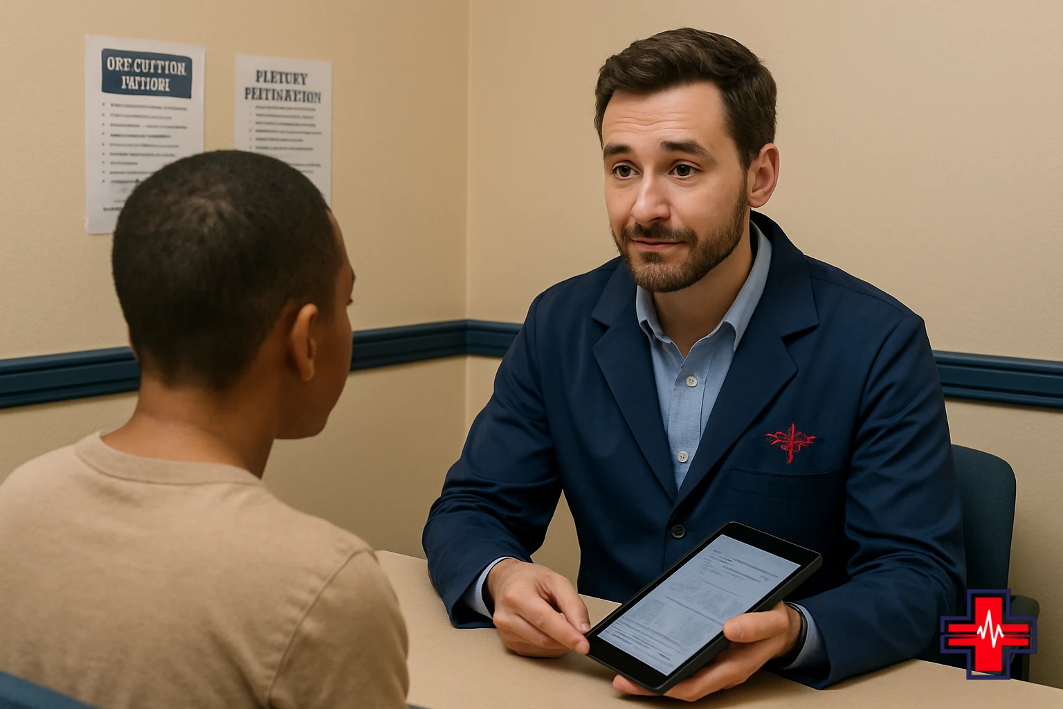 Healthcare provider discussing chlamydia and gonorrhea test results and treatment options with patient in private, confidential consultation