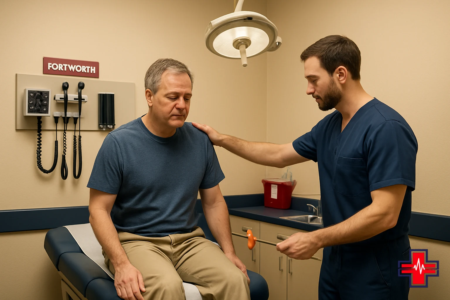 Emergency room physician performing neurological examination to diagnose concussion after fall and assess blunt trauma injury in patient