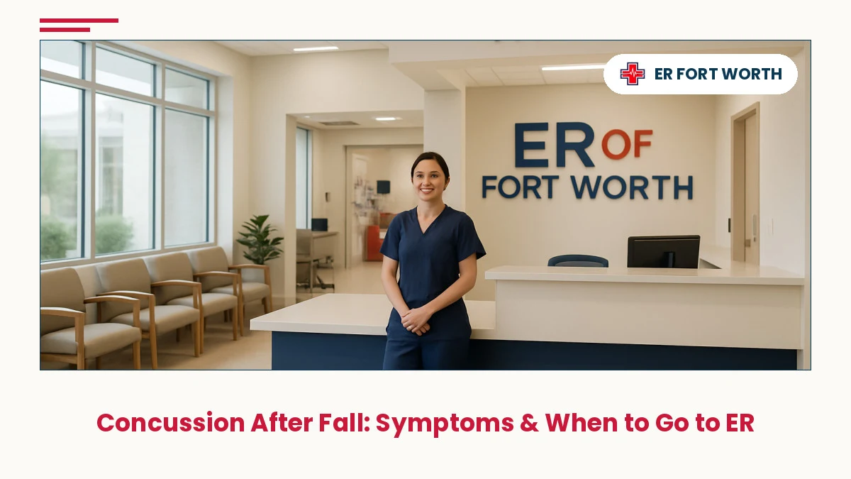 Welcoming ER reception area at Fort Worth emergency room with caring medical staff ready to assess concussion after fall symptoms and head i