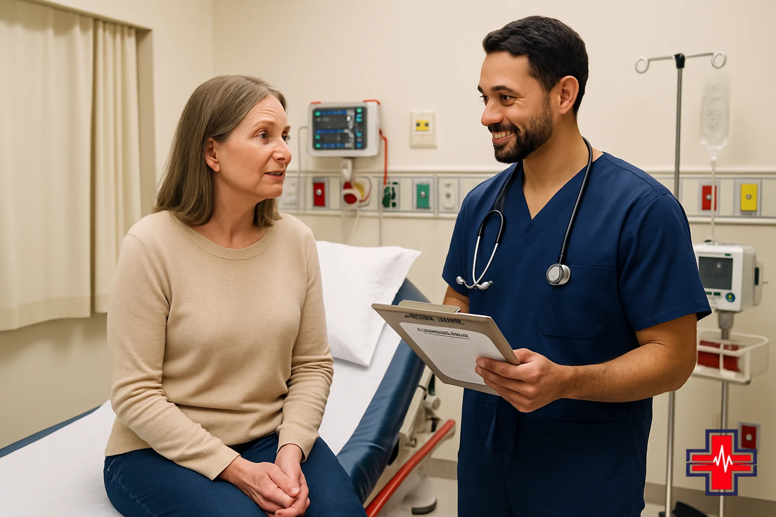 ER physician reviewing allergy history and symptoms with patient during acute allergic reaction evaluation