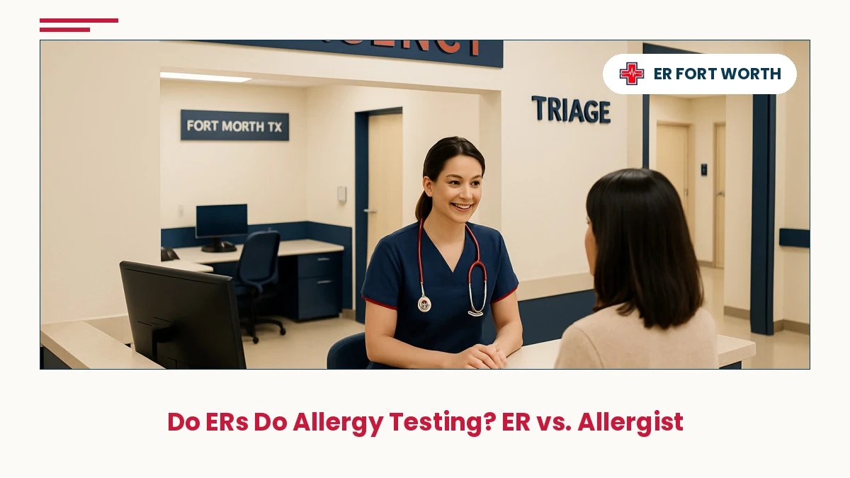 ER of Fort Worth reception desk with nursing staff providing check-in during allergic reaction emergency care