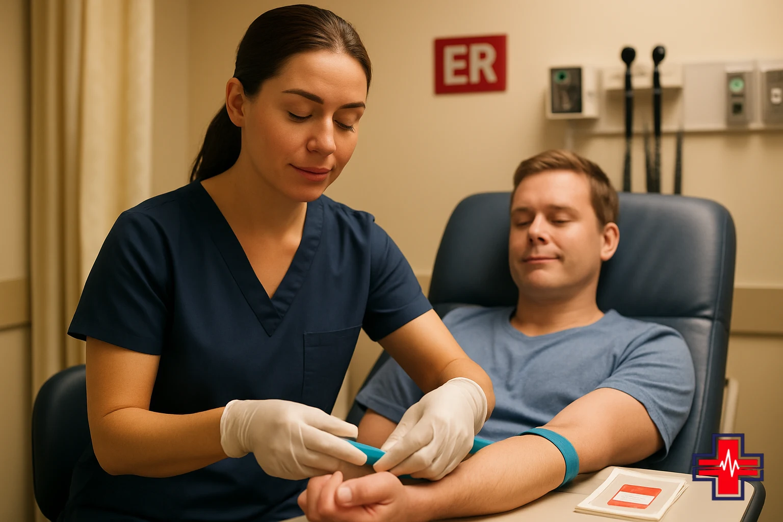 Phlebotomist preparing patient for rapid blood draw collection as part of emergency laboratory testing at ER Of Fort Worth.