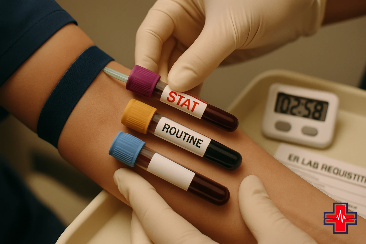 Lab test collection tubes showing STAT and routine priority labeling and ER lab results turnaround procedures