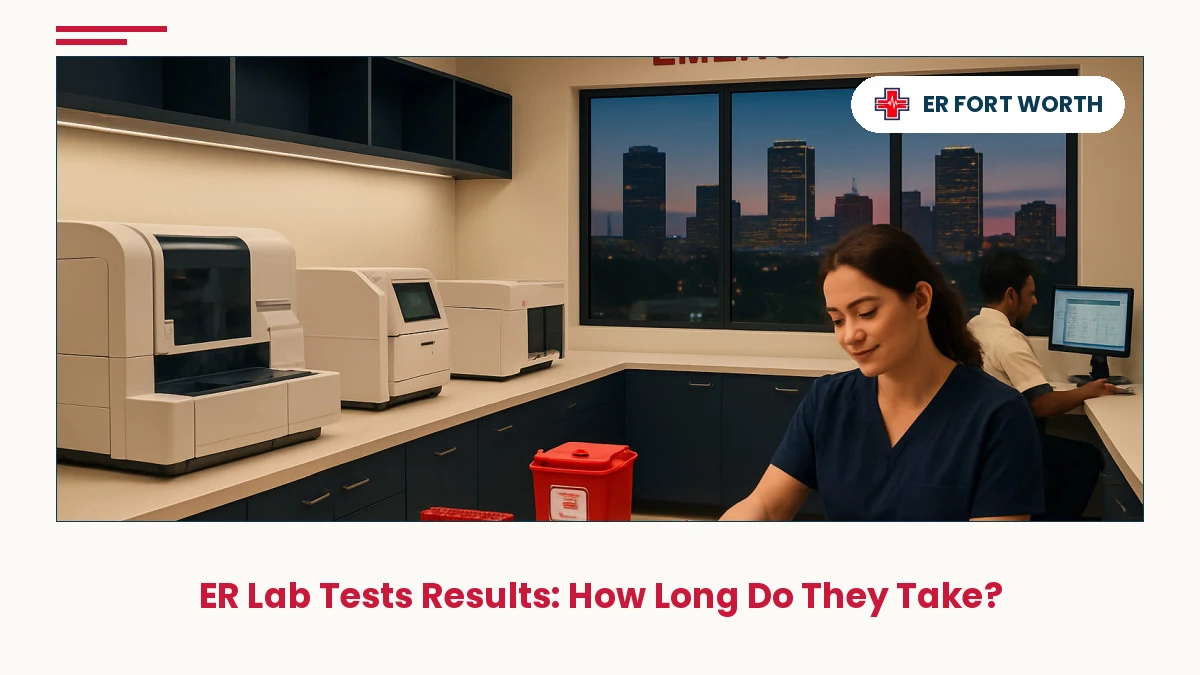 ER lab tests results: phlebotomist collecting blood samples at automated laboratory analyzer station in Fort Worth emergency room