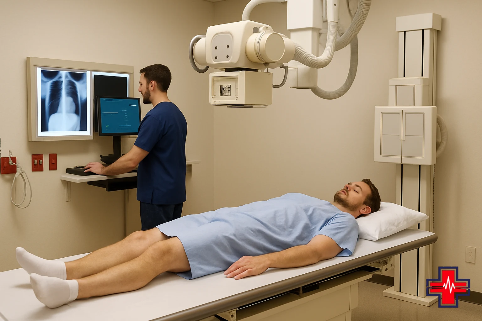 Emergency room physician reviewing X-ray and CT imaging for fall injury diagnosis and fracture assessment
