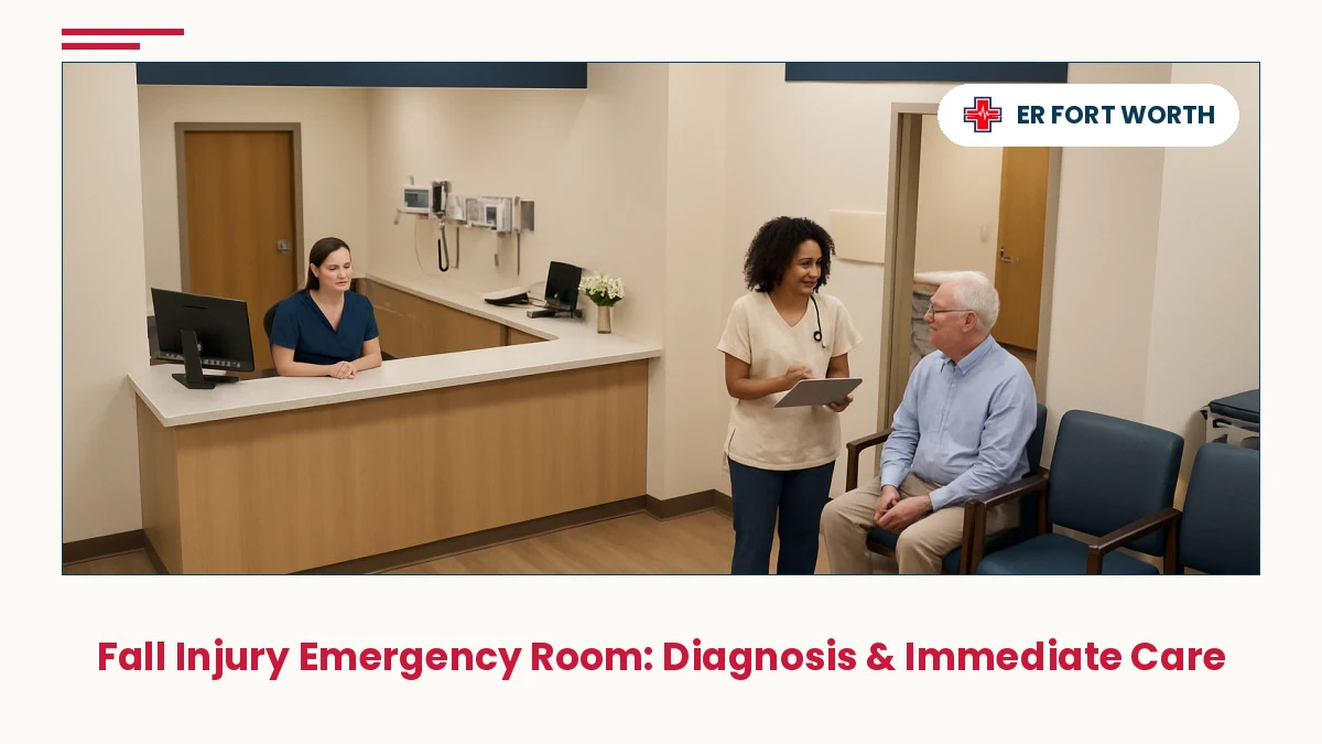 Fort Worth emergency room reception desk with caring staff greeting patients during fall injury emergency room intake