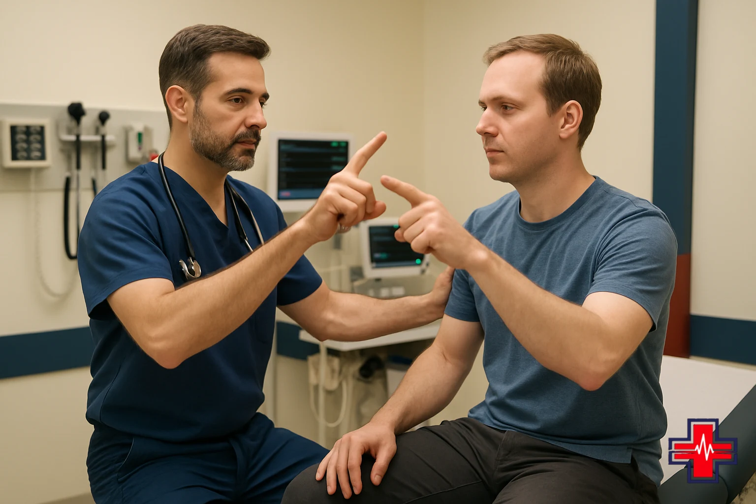 ER doctor performing neurological exam on adult patient during fall injury diagnosis protocol in clinical exam room