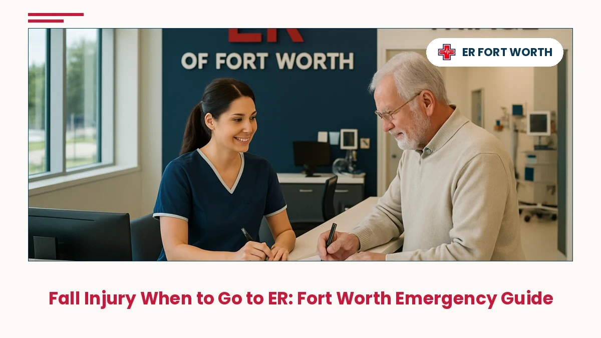 ER reception desk at Fort Worth emergency room showing nurse assisting elderly patient during check-in for fall injury evaluation