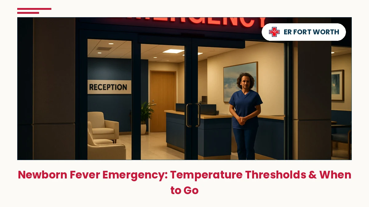 ER Of Fort Worth 24/7 emergency room entrance at night with welcoming lighting and staff ready for pediatric fever emergencies