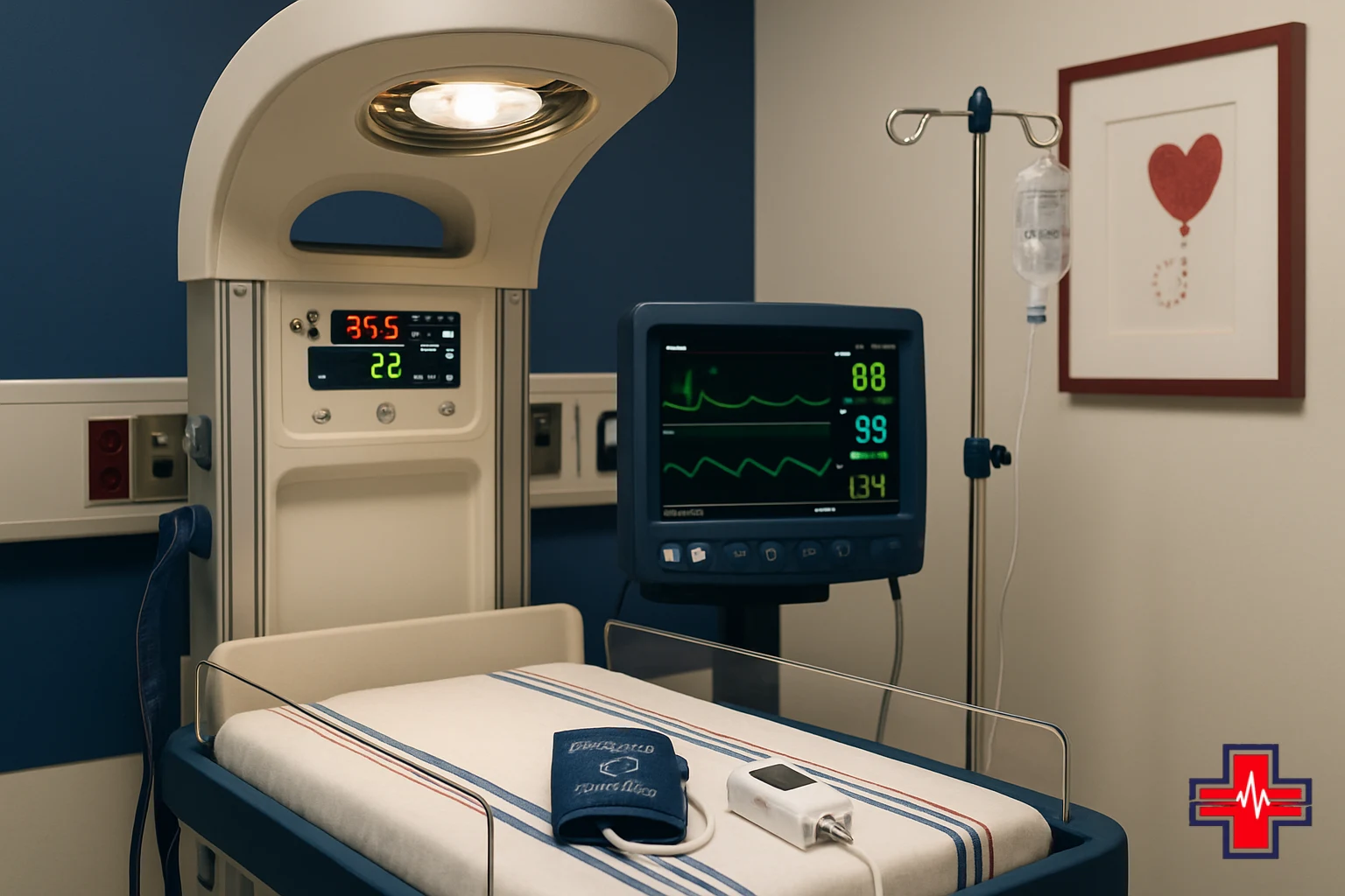 Neonatal vital signs monitor and warming equipment in a clean, modern ER treatment room for newborn fever assessment.