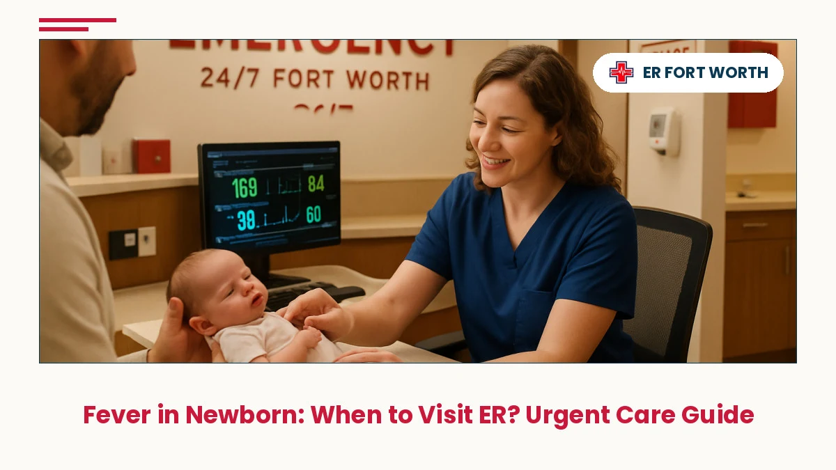 Pediatric ER reception staff in navy scrubs gently assessing a newborn infant during fever evaluation at a Fort Worth 24/7 emergency room.