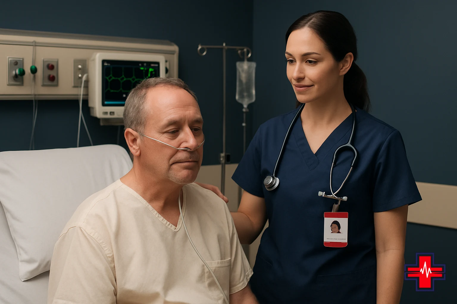 ER nurse provides oxygen support to patient with fever and respiratory symptoms in a private treatment room, ensuring proper oxygen saturati