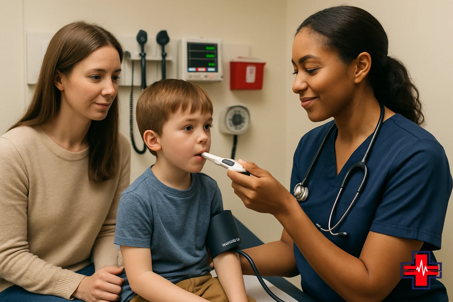 Pediatric nurse performing vital signs assessment during fever with nausea and vomiting evaluation in Fort Worth emergency room