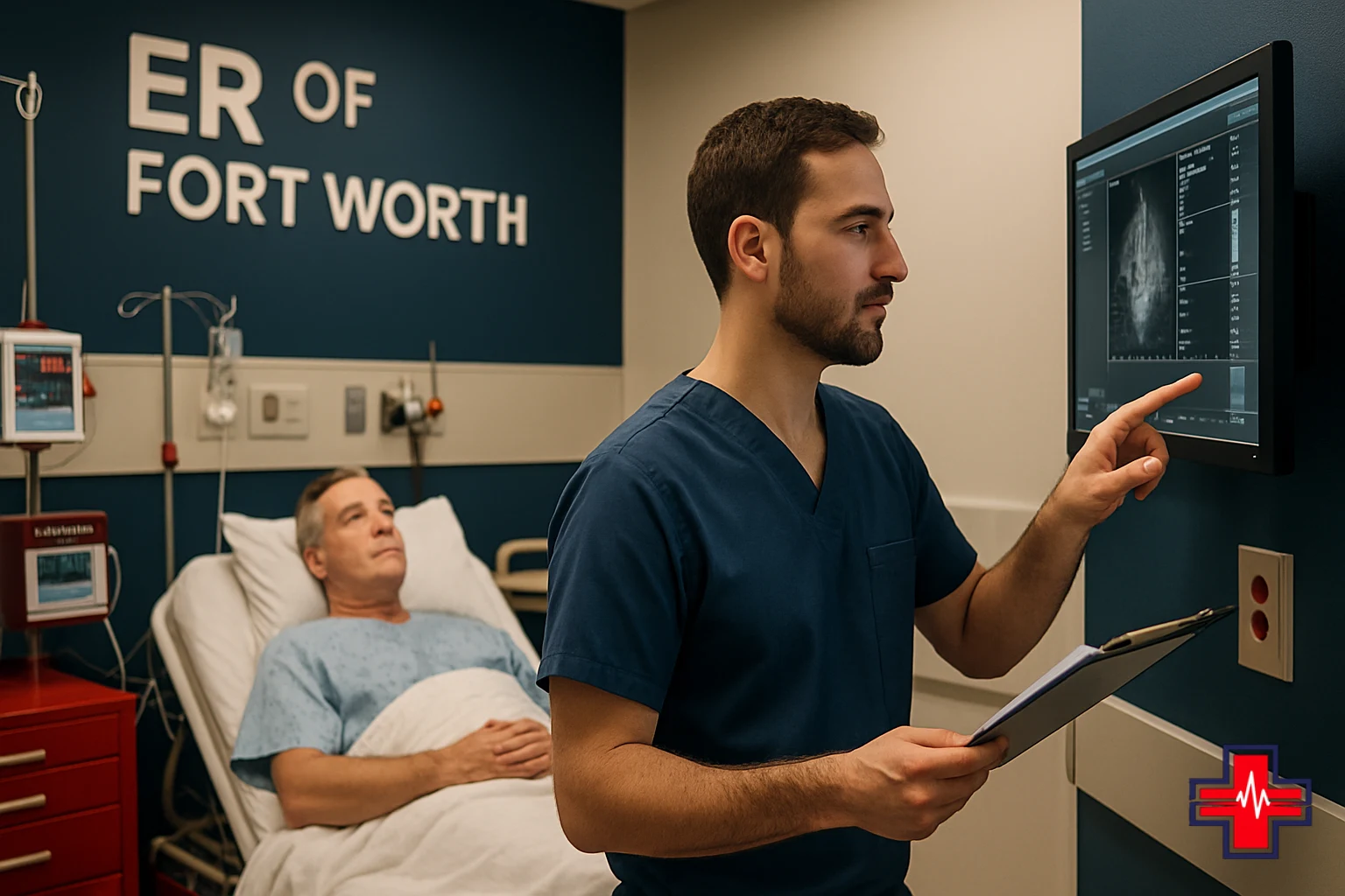 Emergency physician reviews diagnostic test results for fever and neurological symptoms at ER of Fort Worth
