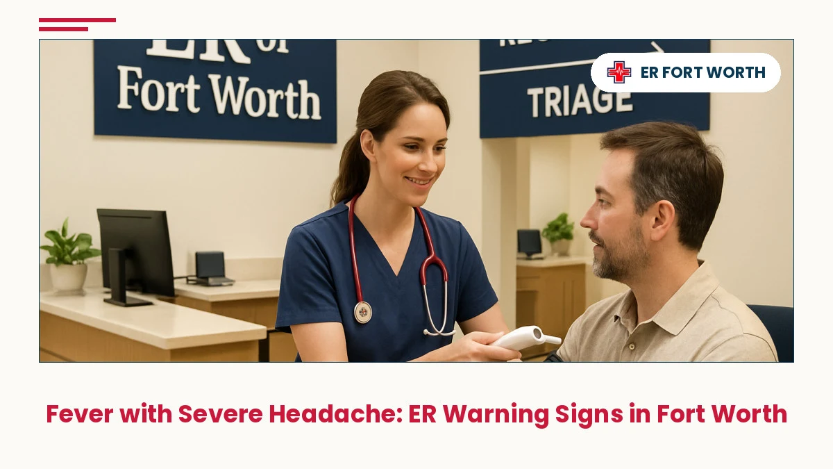 ER of Fort Worth nurse taking vital signs and checking temperature during triage of patient with fever and severe headache