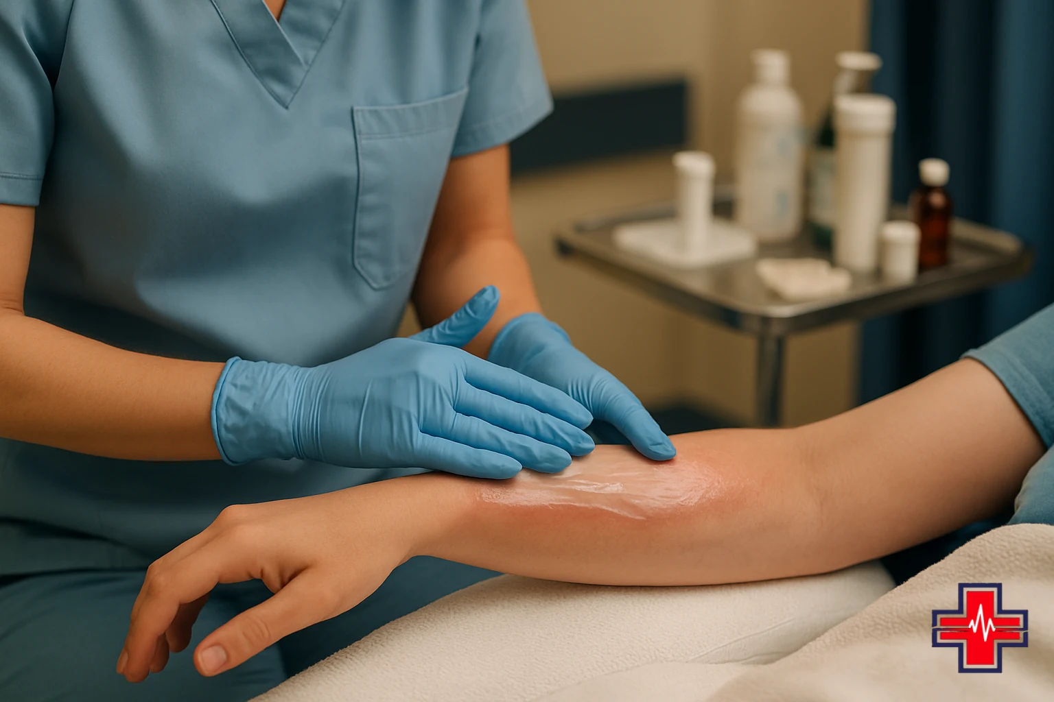 Nurse applying gentle moisturizer to a healing first-degree burn during recovery phase at an emergency room facility.