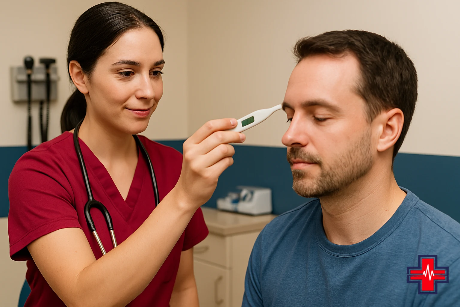 Experienced ER nurse taking patient temperature during fever evaluation and triage assessment in clinical setting