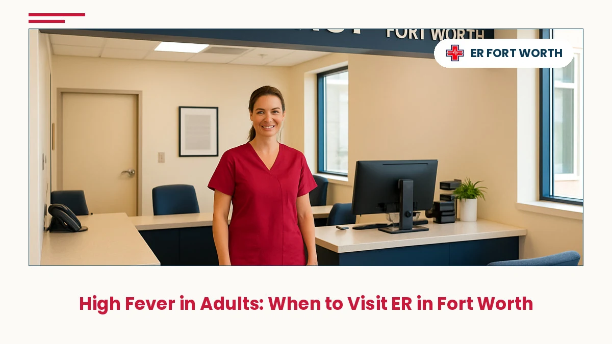 Warm, welcoming Fort Worth emergency room reception area with professional nurse in burgundy scrubs greeting patients during high fever asse