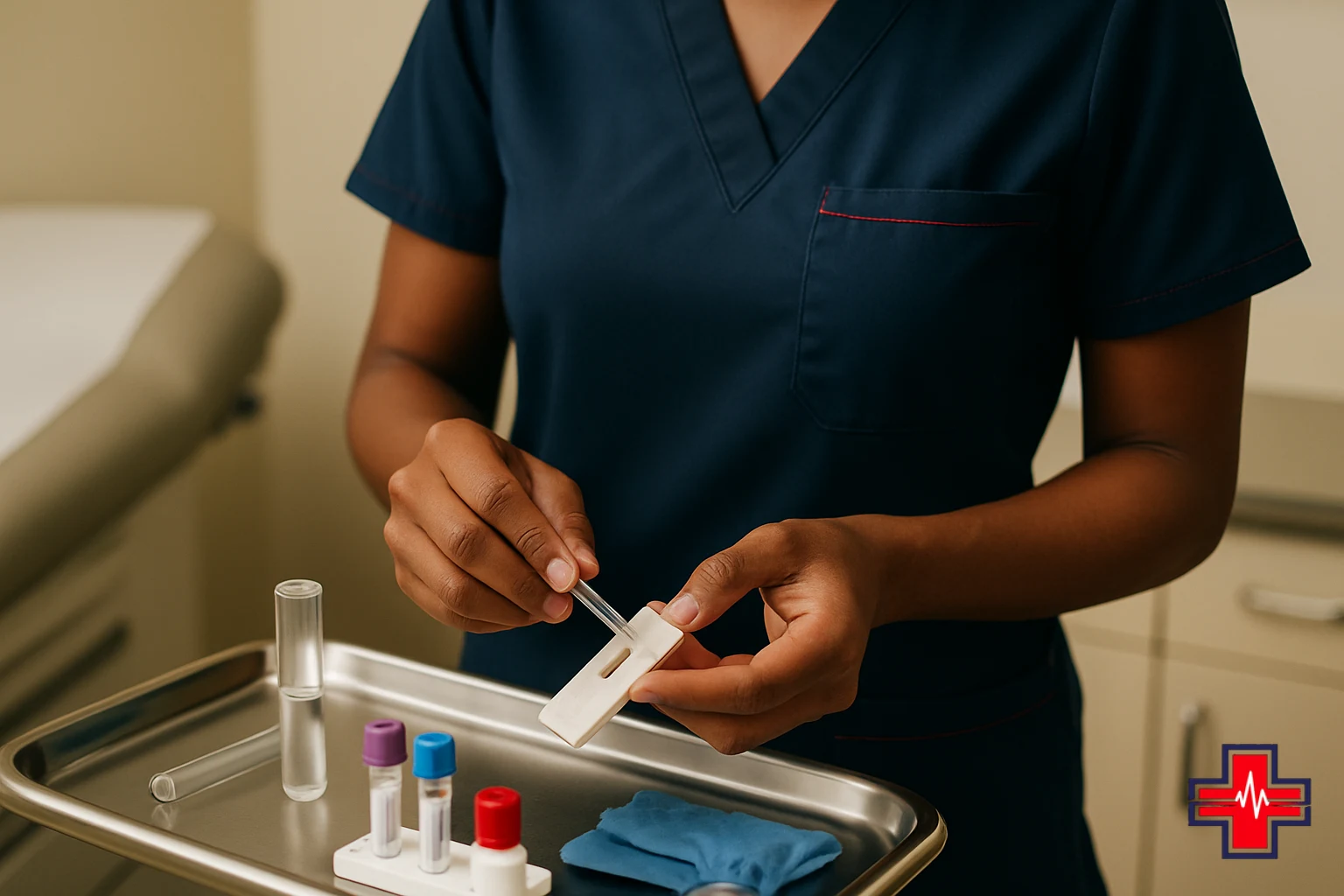 Nurse preparing HIV rapid testing equipment at point-of-care laboratory in Fort Worth ER