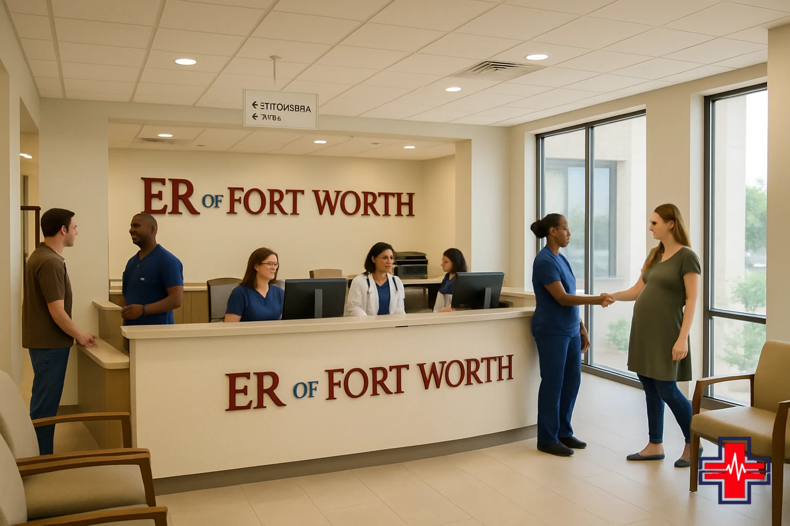 Fort Worth emergency room reception area welcoming pregnant patients and families for urgent obstetric care consultation