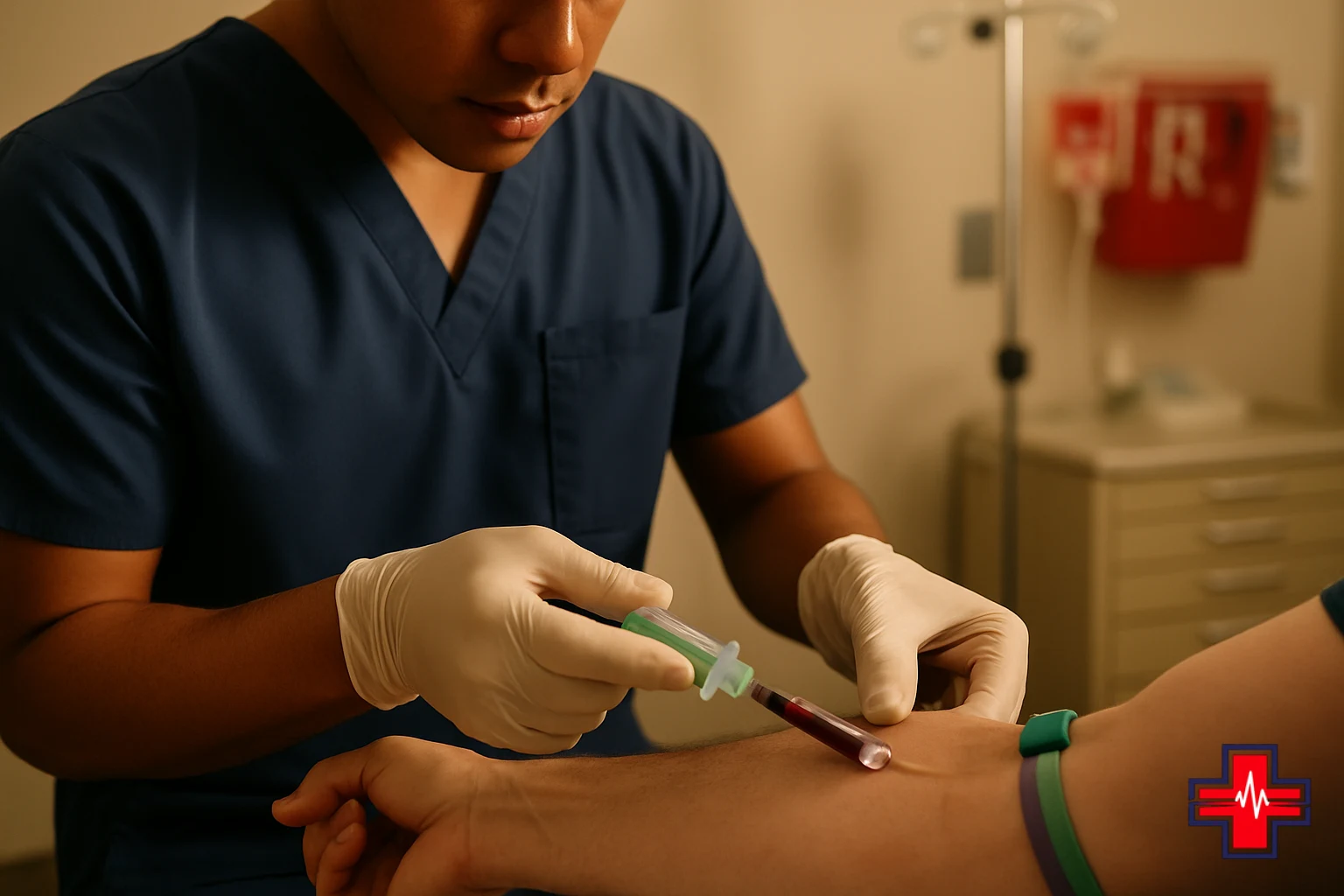 Phlebotomist performing blood draw for fever lab tests at emergency room, sterile medical technique