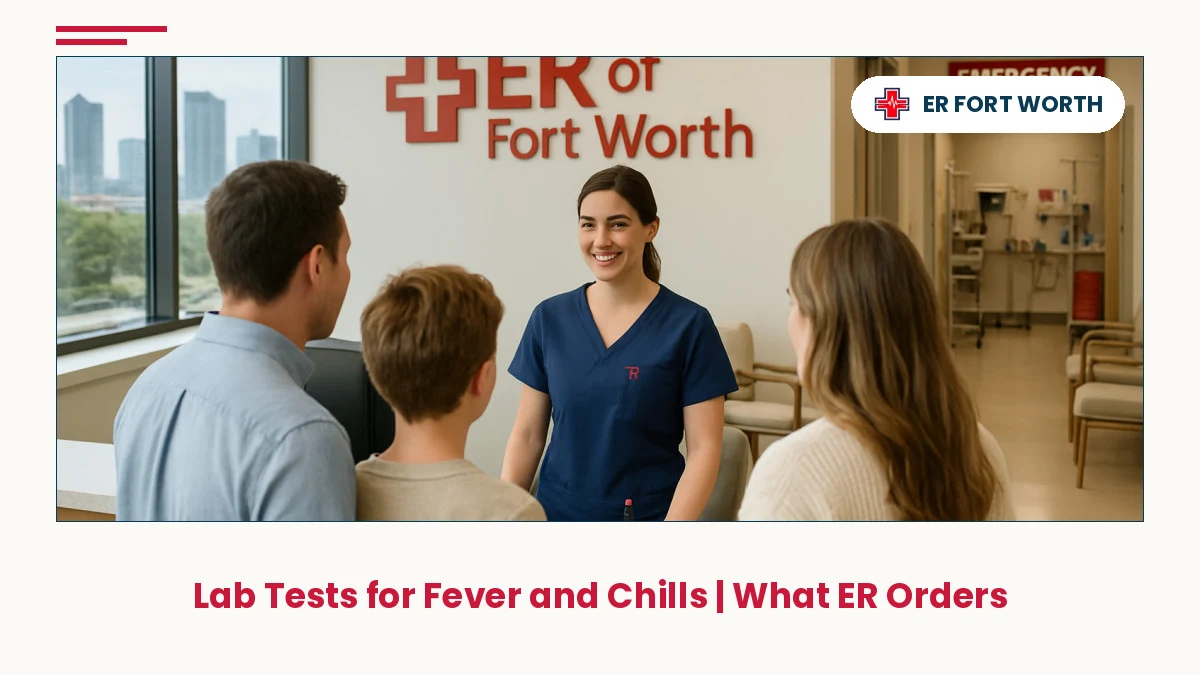 Welcoming ER reception desk at Fort Worth emergency room, nurse in scrubs greeting patient for fever and chills evaluation