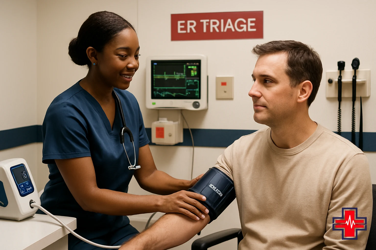 ER nurse performing vital sign assessment including blood pressure measurement and heart rate monitoring during emergency evaluation for che