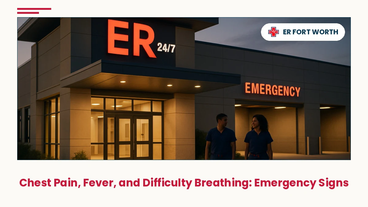 ER Of Fort Worth 24/7 emergency room exterior entrance at evening with welcoming clinical design and visible emergency bay entrance, multi-s