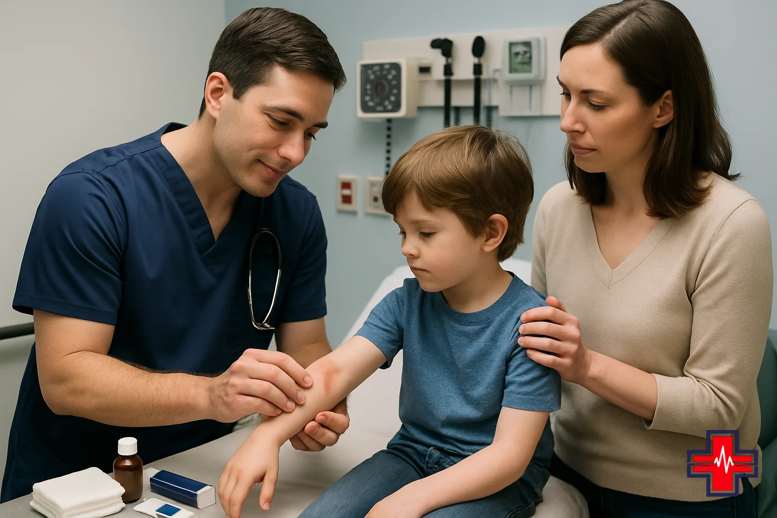 Pediatric provider gently examining a child's burn injury in Fort Worth emergency room with parent present, demonstrating age-appropriate an