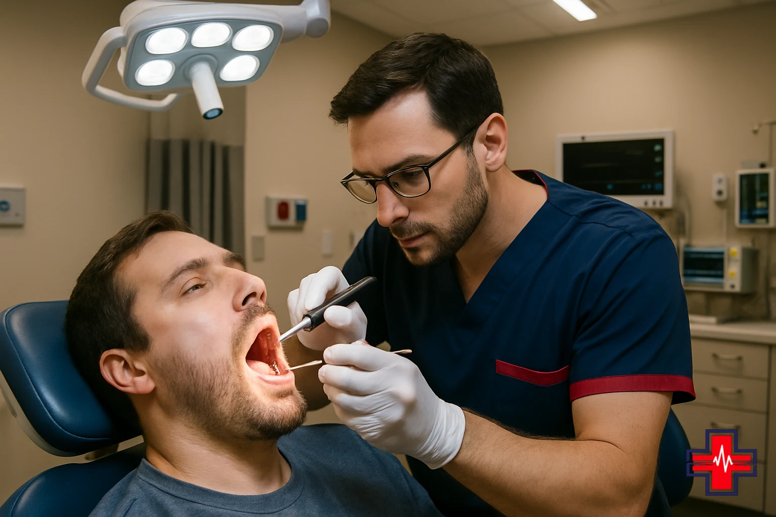 ER physician examining dental abscess and periapical infection in patient undergoing pulpal necrosis emergency evaluation