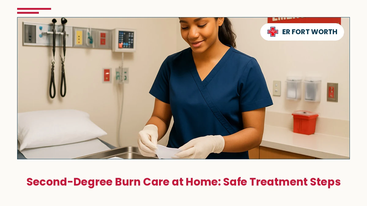 Fort Worth ER nurse preparing sterile burn dressing supplies for second-degree burn care treatment